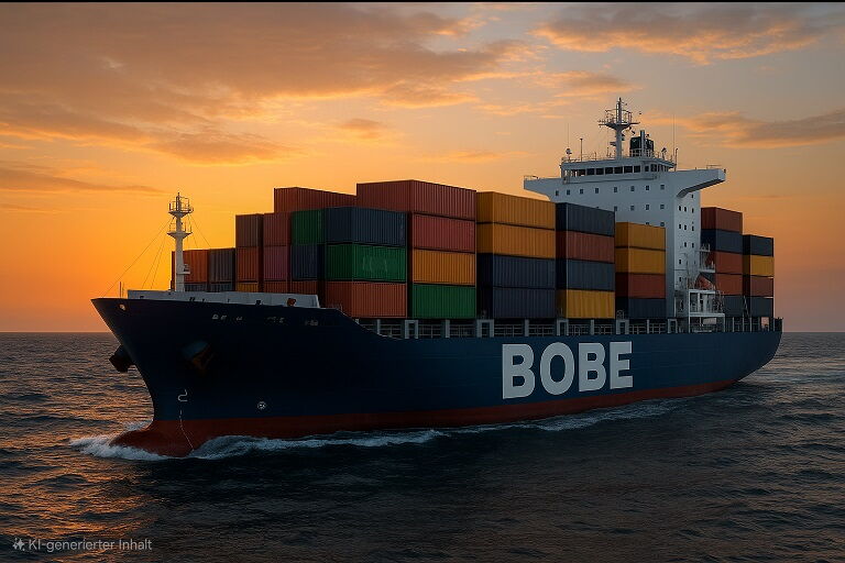 Ein großes Containerschiff wird bei Sonnenuntergang von einem Schlepper im Hafenbecken manövriert – BOBE