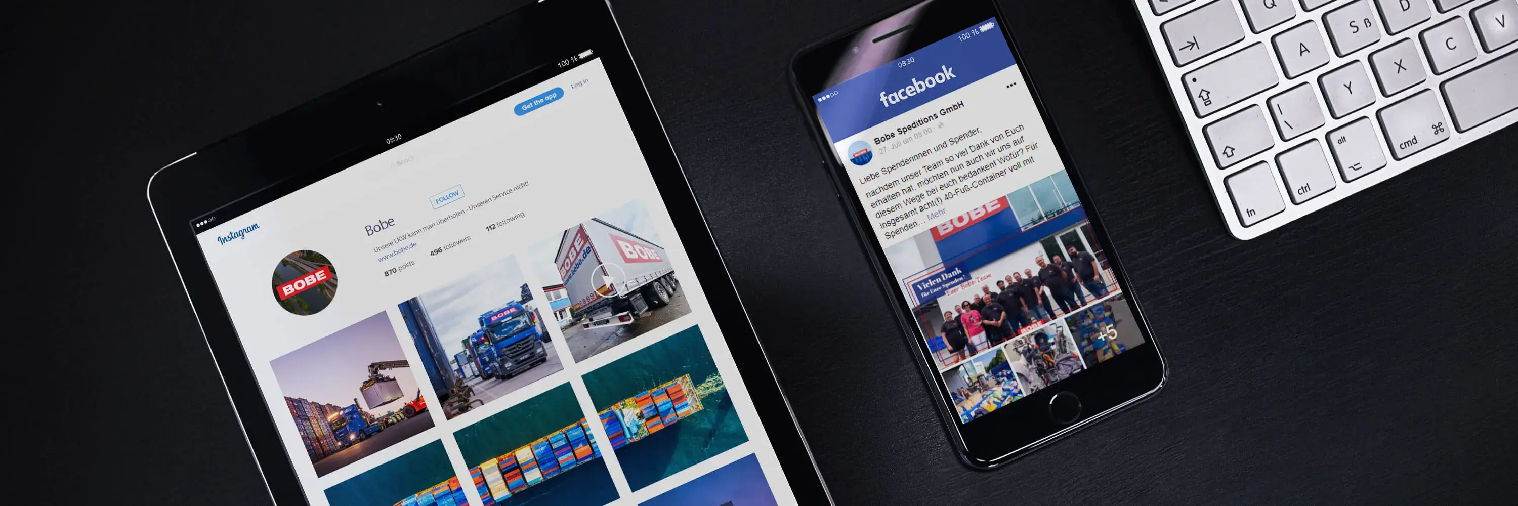 Tablet und Handy zeigen die Facebook- und Instagram-Profile mit Container-Motiven – BOBE