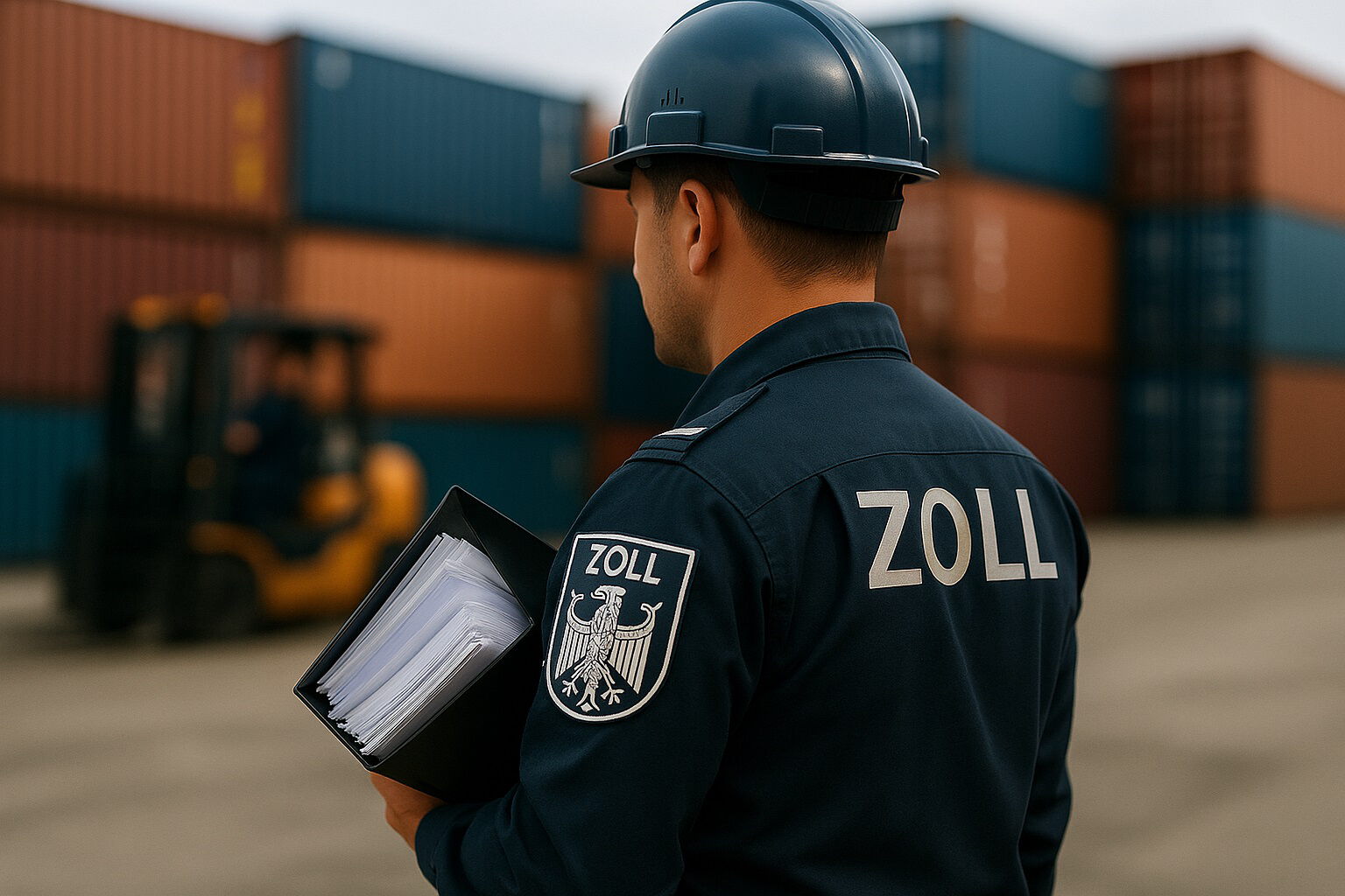 Ein Zollbeamter mit Unterlagen steht vor gestapelten Containern auf einem Lagerplatz – BOBE