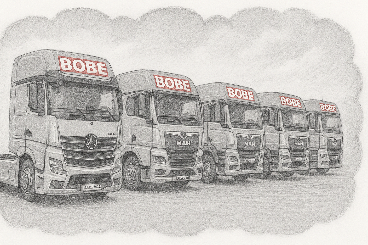 Eine Bleistiftzeichnung, die mehrere BOBE-Lastwagen verschiedener Marken ordentlich aufgereiht zeigt – BOBE