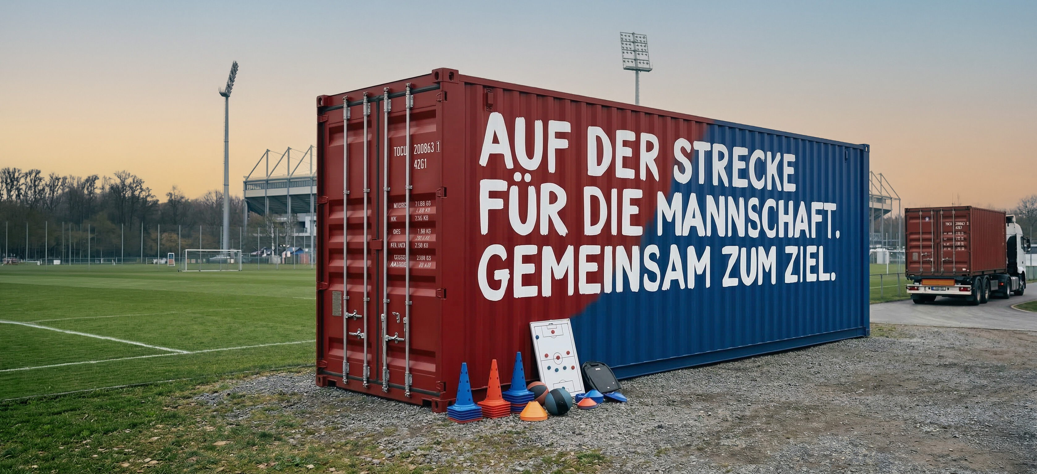Roter und blauer Seecontainer mit Aufschrift „Auf der Strecke für die Mannschaft. Gemeinsam zum Ziel.“ auf Fußballplatz – BOBE